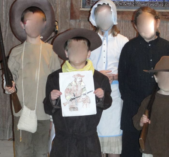 Children dressed as Jim Bridger, Buffalo Bill, Laura Ingalls Wilder, Narcissa Whitman, and Jed Smith