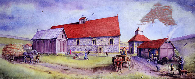 Detail of buildings within the walls of the outer bailey at Castle Acre after rebuilding in stone