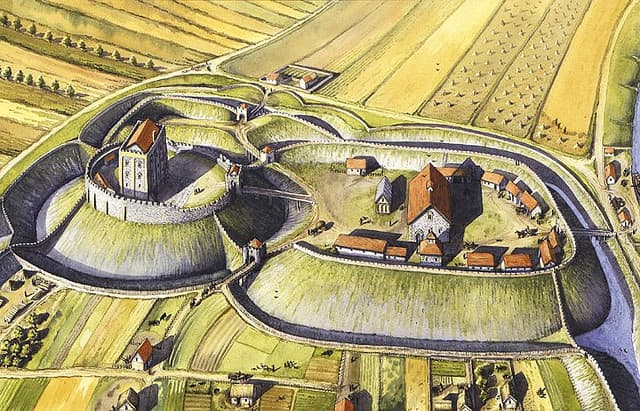 Reconstruction of the later stone fortifications laid down at Castle Acre near Swaffham, Norfolk