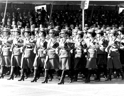 Women's unit of People's National Army parading at ceremonies commemorating November 1, 1954, launch of Algerian War of Independence
