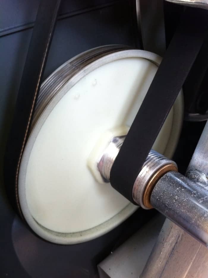 The squeaking noise results from dust accumulating between the strap and the wheel. Vacuum in that space, then move the pedal, then vacuum some more. When you're done, replace the shell and the squeaky noise should be gone!