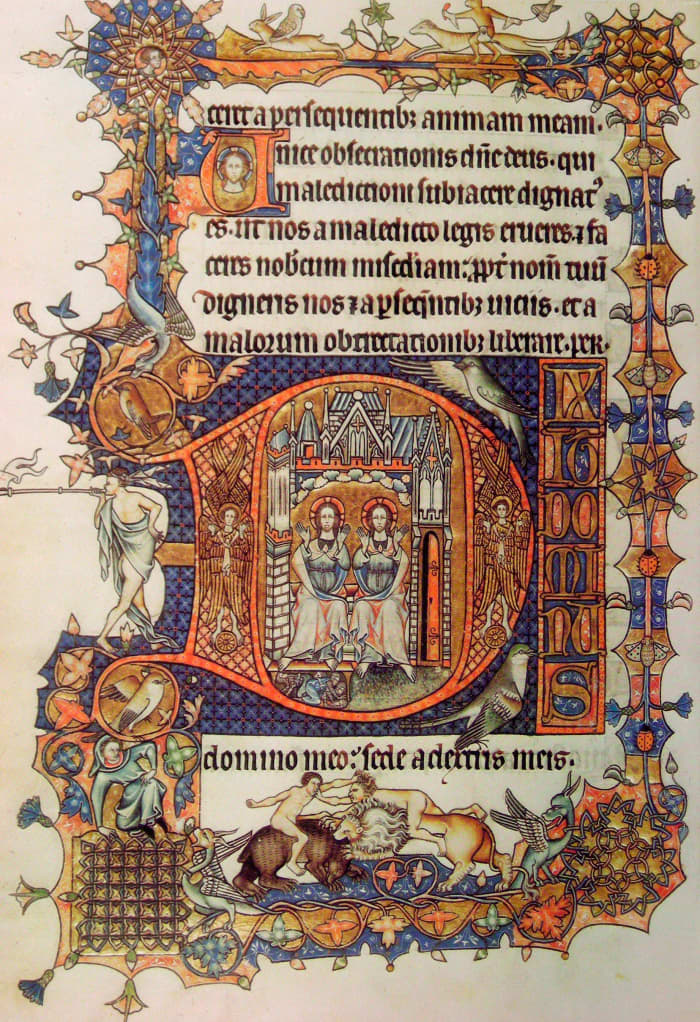 An example of hand-written Gothic Bookhand. If you zoom in, you can see where the line rulings, historiated initials, decorative borders and illustrations.