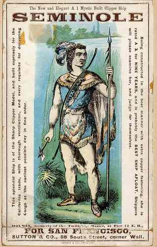 Likeness of a Florida Seminole on a card from the clipper ship Seminole in 1865 at the end of the American Civil War.
