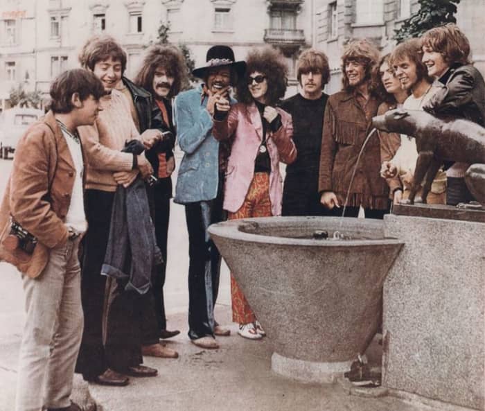 Eric Burdon, Stu Leathwood, Keith Ellis, Roy Wood, Jimi Hendrix, Noel Redding, Carl Wayne, John Mayall, Steve Winwood, Trevor Burton, Roy Morris Left to Right at Hotel Stoller in Zurich 1968