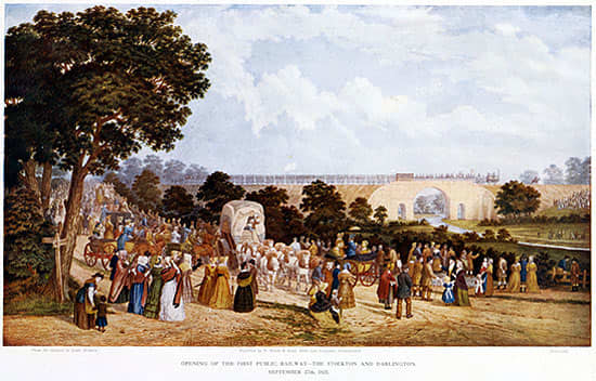 The inaugural run of Locomotion No1 on September 27th, 1825 at North Road Station - she began her run several miles north-west at Shildon and ran on to the newly built station at Stockton on Tees