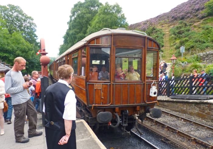 At Goathland, the next stop on the NYMR we see a grand-looking Gresley teak LNER Observation Car at the back of a train departing for Grosmont