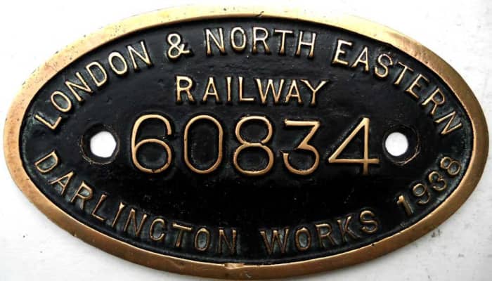 Darlington works plate for a V2 2-6-2 , shedded elsewhere on the 'system', still with LNER.identifier until the loco was scrapped