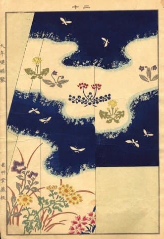 An illustration by an unknown artist of a butterfly kimono pattern from an 1885 kimono fashion catalogue.