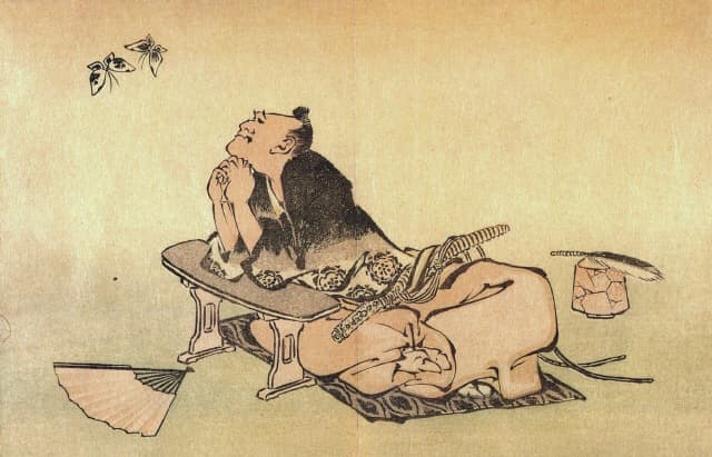 Katsushika Hokusai's famous 1814 print "Philosopher Watching a Pair of Butterflies". Is he the Chinese philosopher Zhuangzi (as is widely speculated), who had a dream about being a butterfly? Or another philosopher contemplating life as a butterfly?