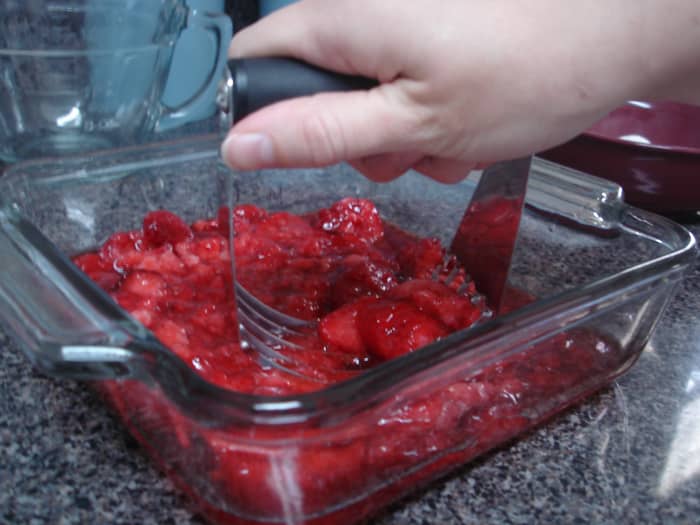 Step 1: Mash the berries to the desired consistency for the jam. I use a pastry blender for this step.