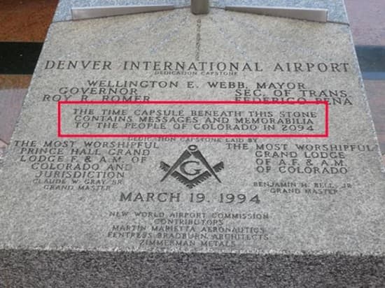 The Masonic capstone a time capsule within the airport. The capsule contains the Masonic symbol as well as the words "New World Airport Commission".