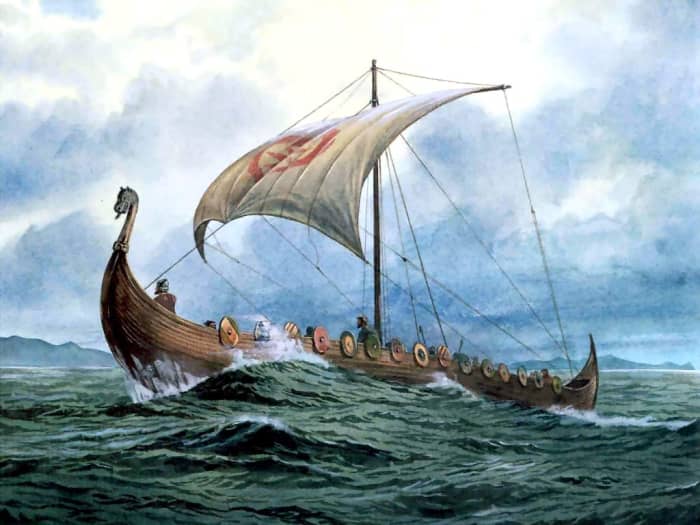 The popular conception of a Viking longship. In truth the shields would have been taken off the sides - they would only be visible on review, in a harbour, for identification of the men sailing a ship