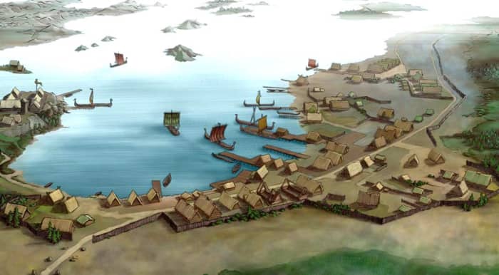 The trading haven of Kaupang in southern Norway. The haven south of Oslo saw custom from as far away as Arabia, trading in silver Dirhams