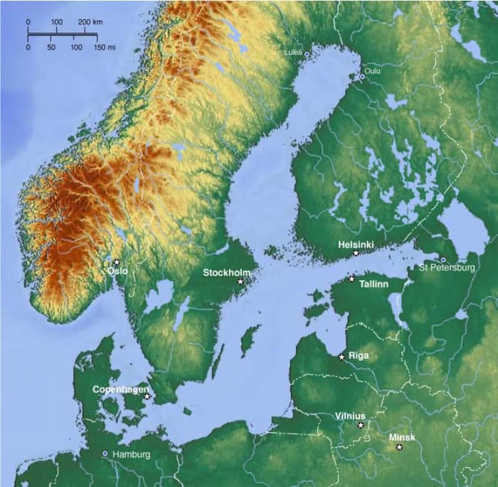 Topographic map of Scandinavia and the Baltic region illustrates the need to push beyond the bounds of their own lands