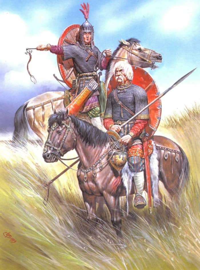 Whilst the Danes and their western cousins struck out west, to the east the Svear - Swedes - sought their fortunes amongst the Slavs as 'policemen' and 'guardians'. Here a pair of mounted Rus or Rhos warriors survey the scene on the open Steppe