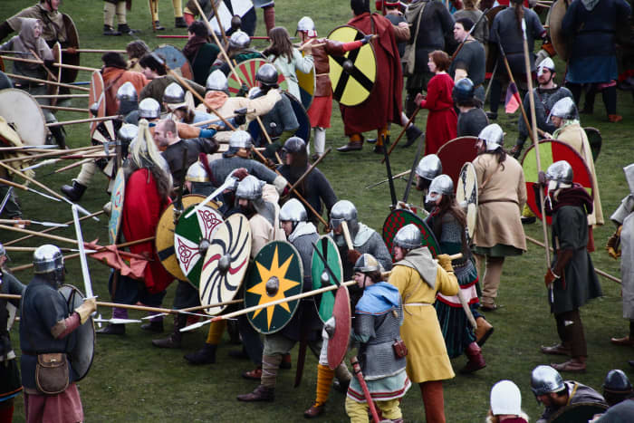 Battle scene from the finale of the Jorvik Viking Festival, York, 2013 and...