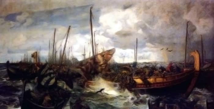 The Jomsviking fleet at Svold, where Olaf Tryggvason met his end after trying to Christianise Norway by the sword