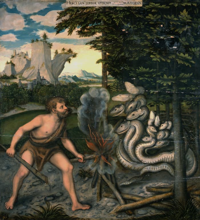 Hercules and the Hydra (after 1537) by Lucas Cranach (1472-1553). The second of the 12 Labours of Hercules was to kill The Lernean Hydra.
