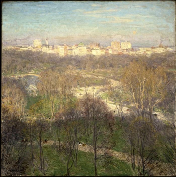 Early Spring Afternoon - Central Park (c.1911) by Willard Leroy Metcalf (Brooklyn Museum) - this painting combines an aerial view of the landscape of Central Park with the urban scene at its edges