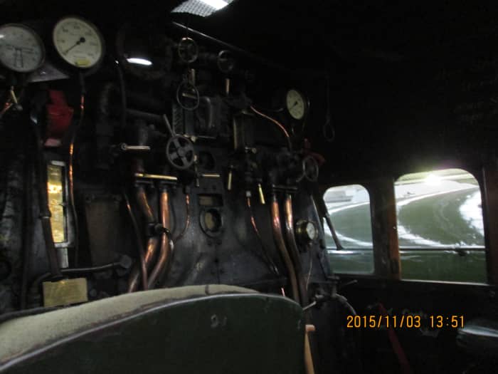 Looking upward into the cab roof with dials and controls from the driver's side (Scottish crews refused to touch engines that weren't left-hand drive)