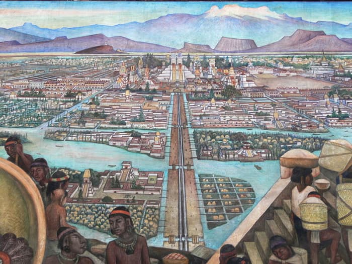 Mural painting of Tenochtitlan, as it looked at its height of power, by Diego Rivera, noteable Mexican painter and muralist.