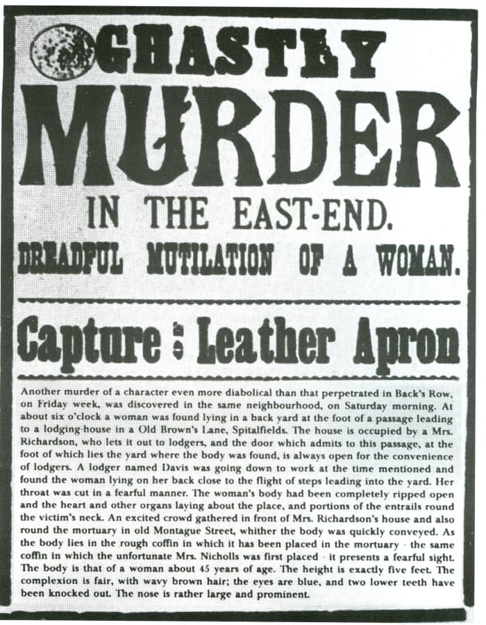 A newspaper headline alluding to the Jack the Ripper murders. One of his early nicknames was "Leather Apron."