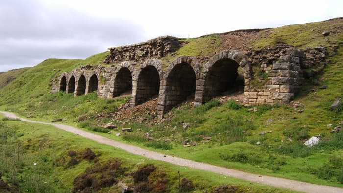 The site of Rosedale West Mines calcining kilns - the ore was 'roasted' to reduce the weight of the stone and therefore also the cost of forwarding by rail to the works on Teesside via the Ingleby Incline