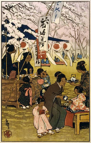 "Blossom Time in Tokyo" by American artist Helen Hyde (1868-1919), 1914. This woodcut was done in the Japonisme style.
