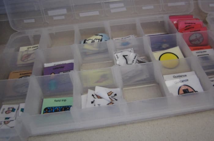When I taught special education, I organized all of my Boardmaker schedule cards in plastic craft storage containers.