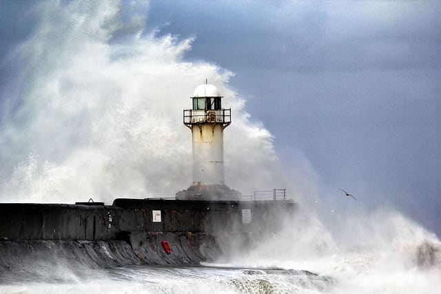 The South Gare beacon regularly takes a bashing from the sea. This area is littered with wreckage and the after-effects of sea storms