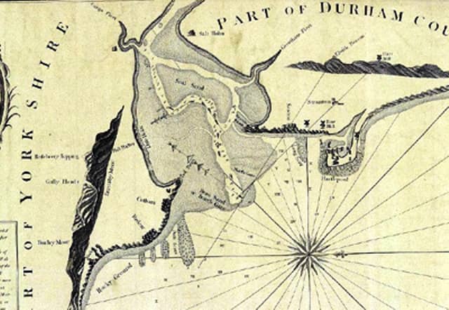 The original rivermouth: Dobson's map of the mouth of the River Tees in 1802 shows the Yorkshire bank on the left, and where the South Gare would be built is marked by a lozenge shape that points downward (in reality it points almost due east).