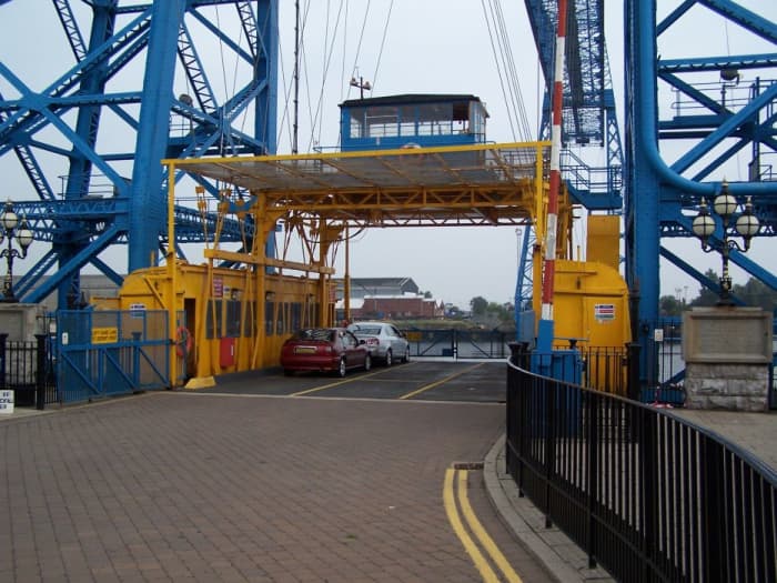 The operating bridge deck on the Transporter Bridge in what was once the dock area of Middlesbrough