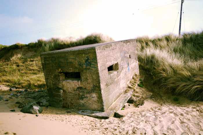 WWII Pillbox on Bran Sands close to the South Gare. Originally set here to watch for signs of invaders, with its 'chunky' construction, this edifice has been shifted by the power of the sea.