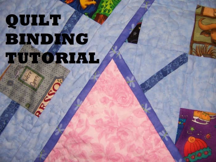 Instructions on how to make a double fold binding, including mitered corners, and hand sewing video.