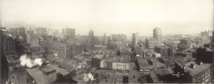 Panorama facing east from the top of the 231-foot tall Transportation Building, circa 1912. Click on photo for a larger view.