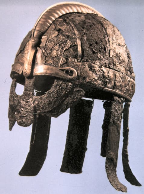 Early Viking Age Valsgaerde helm with its welded visor and neckguard strapping, found near Uppsala (North of Stockholm)