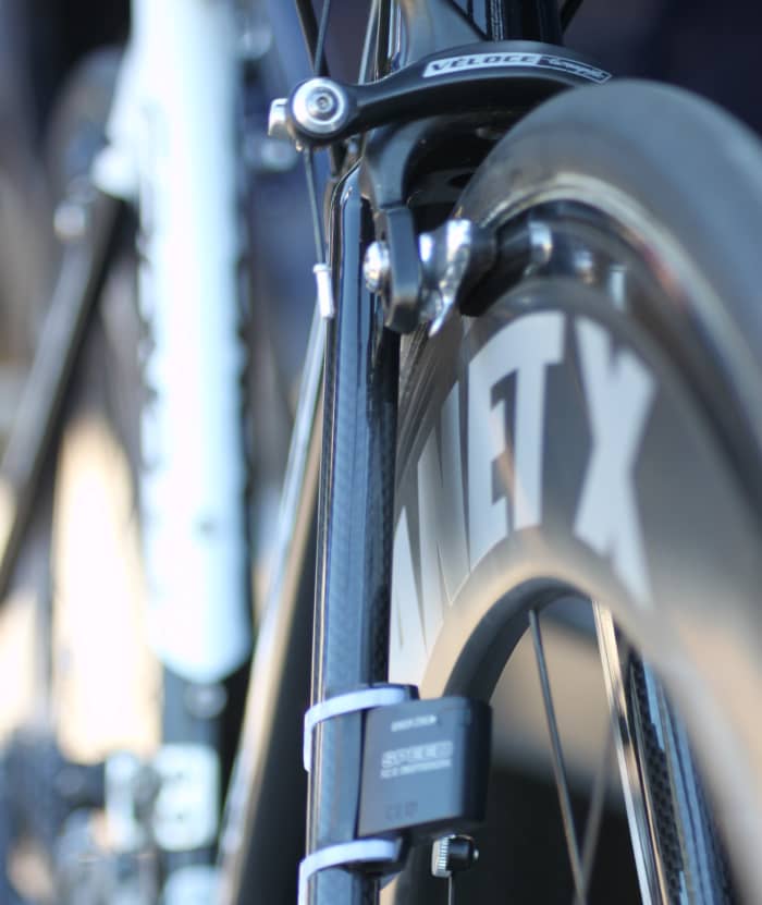A road bike traditionally will use a set of caliper brakes like this Campagnolon Veloce Brakeset