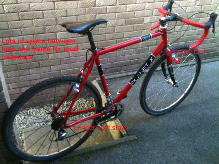 Cyclcross bikes feature longer chainstays, seatstays and fork legs to increase the gap between frame and tire. Bike Featured is a Planet X Uncle John CX Bike