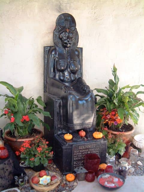 This is the first statue of Sekhmet that was in the Temple. It was stolen and destroyed in the spring of 2014. The community raised funds to pay for a new figure.