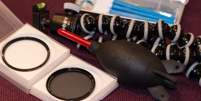 A few necessary accessories for me to start with - camera sensor cleaning kit, Gorillapod, rocket air-blower and a couple of lens filters.