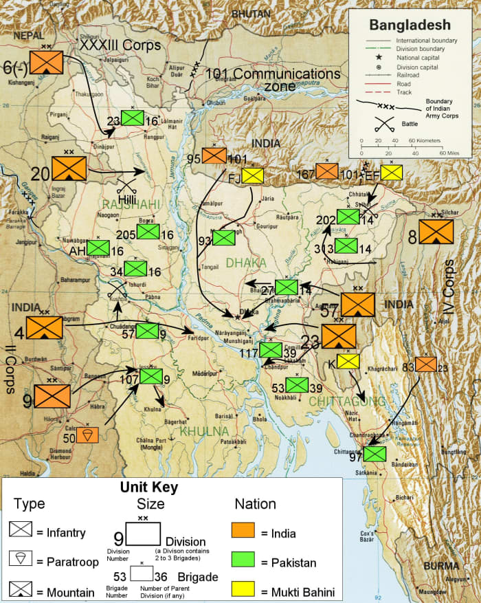 Map detailing Pakistani fixed fortresses (note the 7 attacking Indian divisions) in 1971 War on the Eastern front.