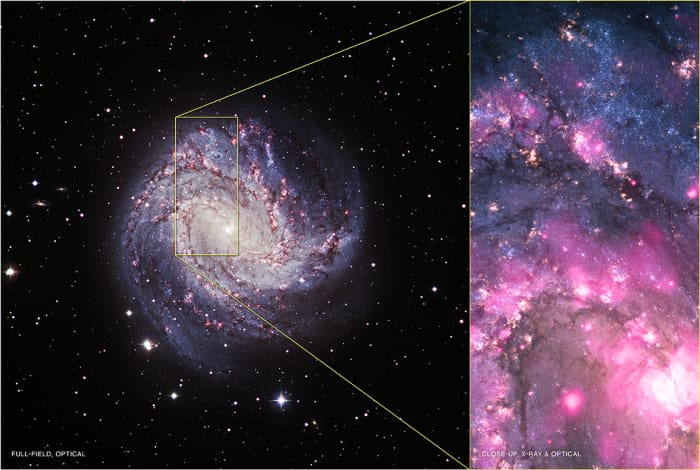 A black hole in the galaxy M83 flares up in the x-ray spectrum (bright pink blob, bottom center of right photo). Chandra's x-ray photo is colored pink, then superimposed on visible-light photos of the galaxy by the Hubble and Very Large Telescope.