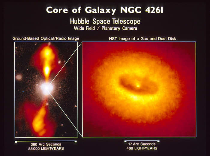 A ground-based radio telescope snapped the left photo of high-energy jets squirting out of the poles of the black hole at the heart of Galaxy NGC 4261. At right, Hubble snaps a close-up of the accretion disk of stars swirling around the black hole.