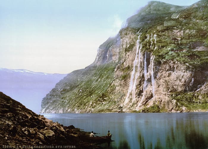 This beautiful scene shows one of the many fjords on the coast of Norway, well protected by the cliffs that surround it.