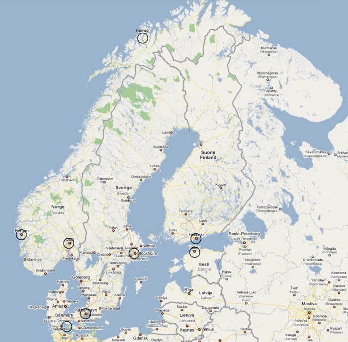 This map shows a close-up of the Scandinavian peninsula. You can see the northern tip of Norway, and also Archangel and Murmansk are shown on the coast of Russia, just round to the right.