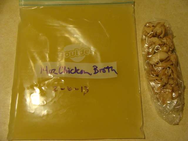 Package and date your broth and chicken bits. You can store it in the freezer for up to three months.