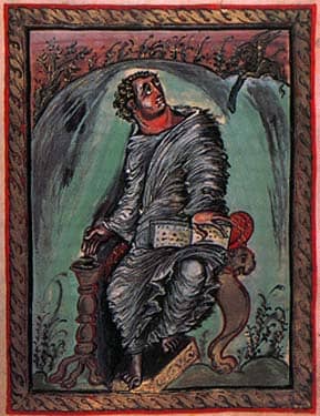 Illustration of St. Mark in the Ebo Gospels from the Rheims workshop during the Carolingian period.