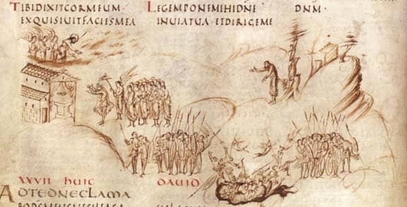 Page from the Utrect Psalter. Illustrations are line drawn in pen, copied from another manuscript, but done for the first time during the Carolingian period.