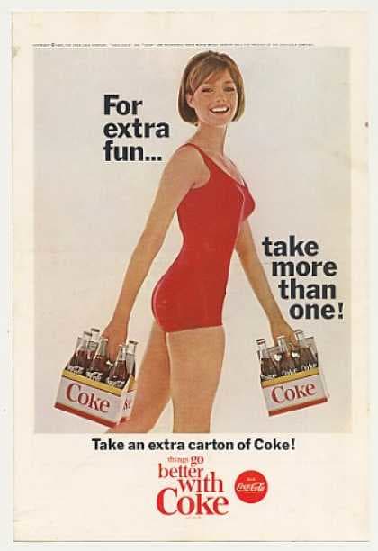 advertising poster for Coca Cola stating "for extra fun...take more than one!" with brunette in red swim suit carrying two 6 packs of Coca Cola