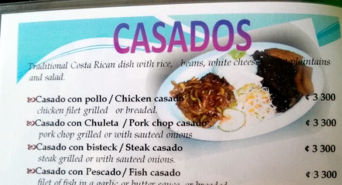 A portion of the menu from the Copa del Oro Restaurant showing the types of casados offered. Casados don't always offer cheese.